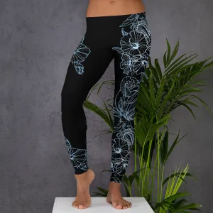 Blue Hibiscus Black Leggings