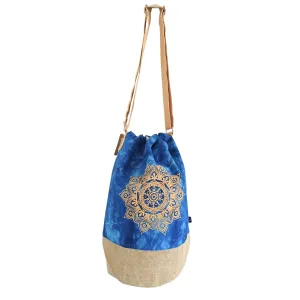 Bohemian Blue Stonewash Mandala Drawstring Backpack with Adjustable Strap and Burlap Bottom