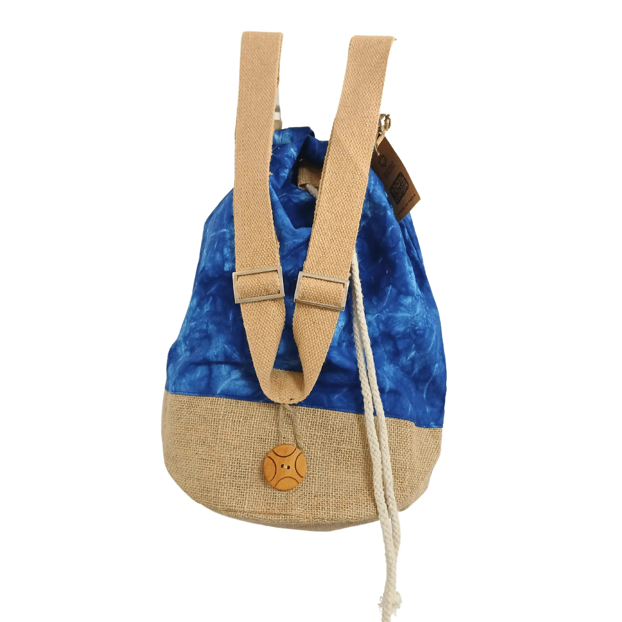Bohemian Blue Stonewash Mandala Drawstring Backpack with Adjustable Strap and Burlap Bottom