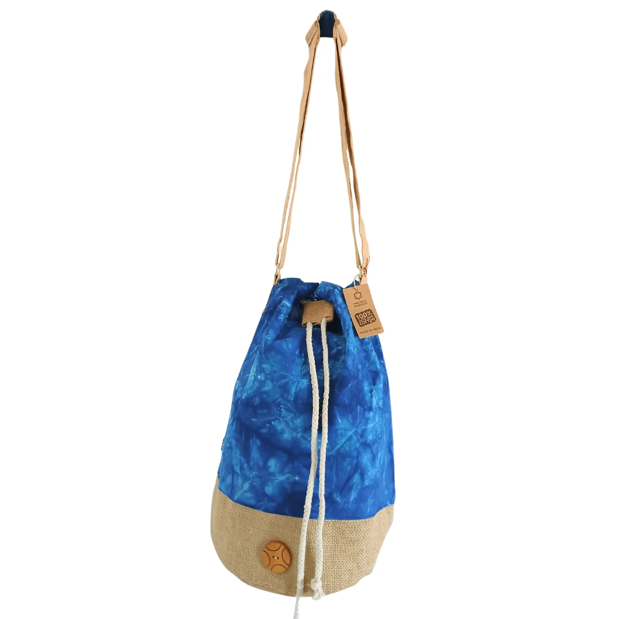Bohemian Blue Stonewash Mandala Drawstring Backpack with Adjustable Strap and Burlap Bottom