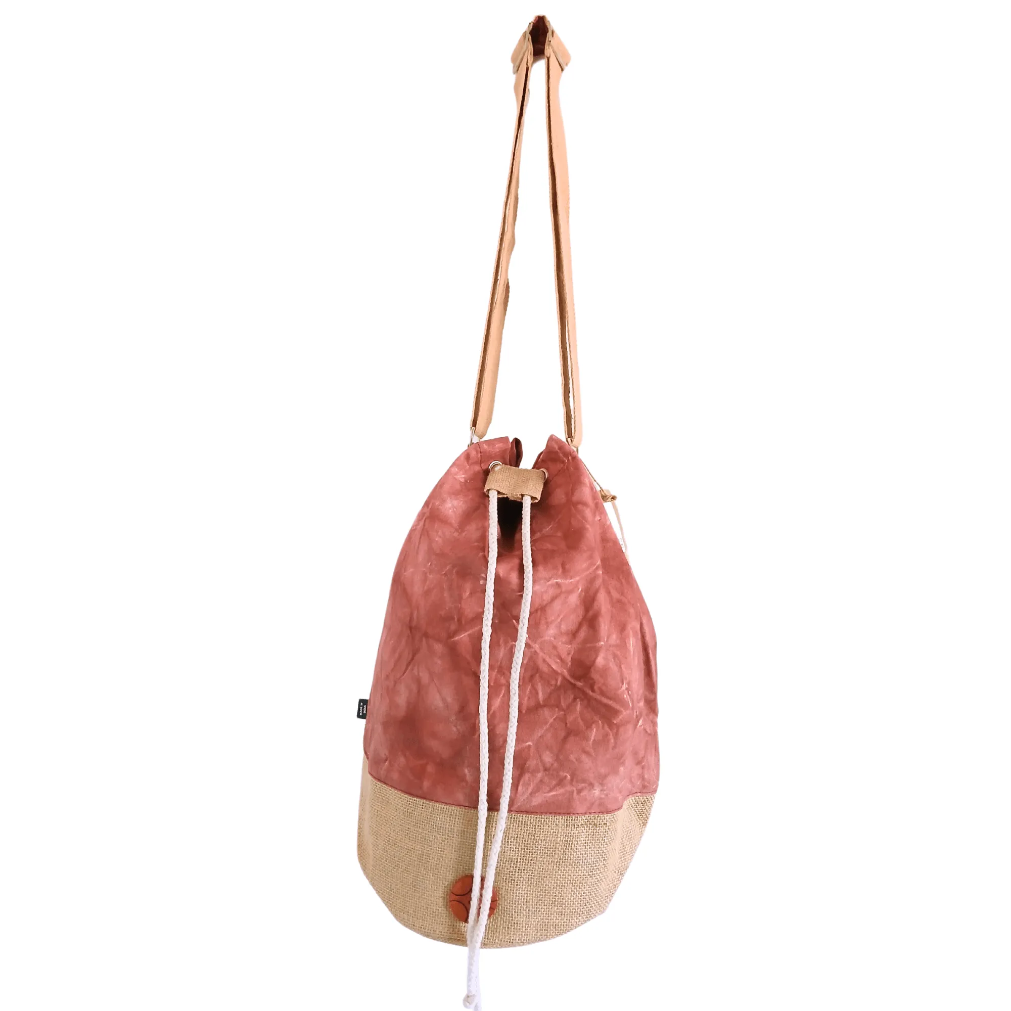 Bohemian Terracotta Stonewash Drawstring Backpack with Hamsa Design - Natural Canvas & Burlap