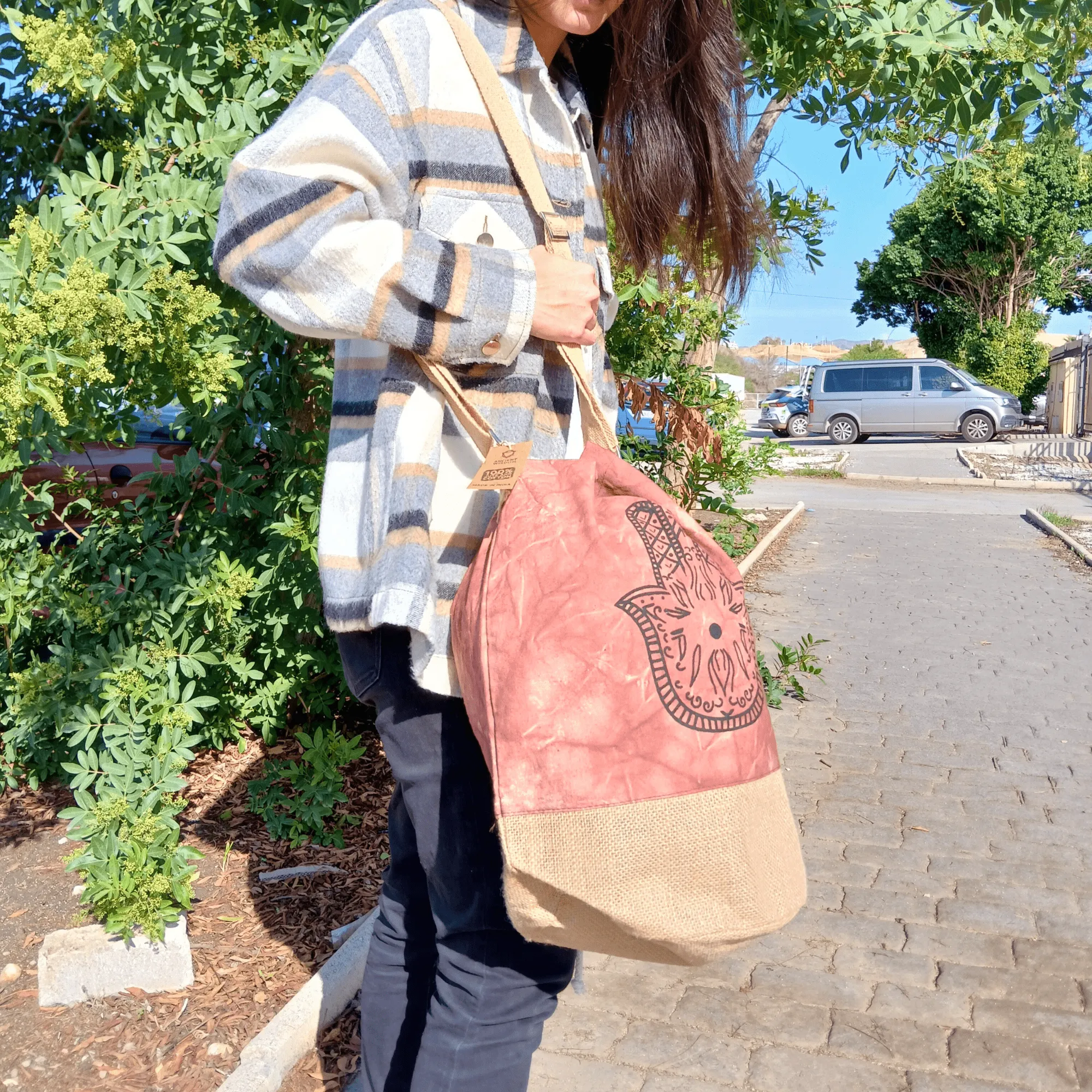 Bohemian Terracotta Stonewash Drawstring Backpack with Hamsa Design - Natural Canvas & Burlap