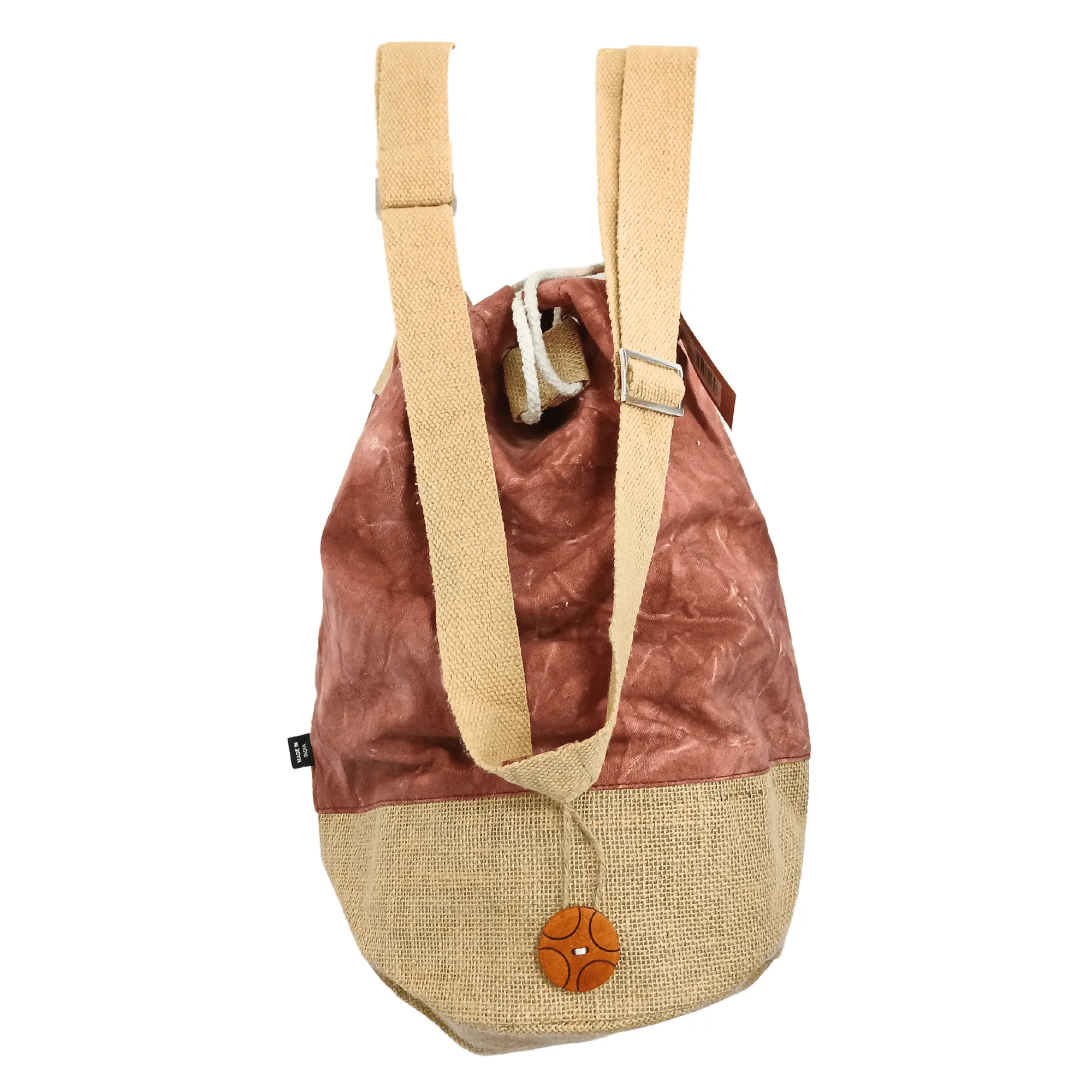 Bohemian Terracotta Stonewash Drawstring Backpack with Hamsa Design - Natural Canvas & Burlap