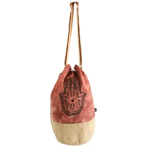 Bohemian Terracotta Stonewash Drawstring Backpack with Hamsa Design - Natural Canvas & Burlap