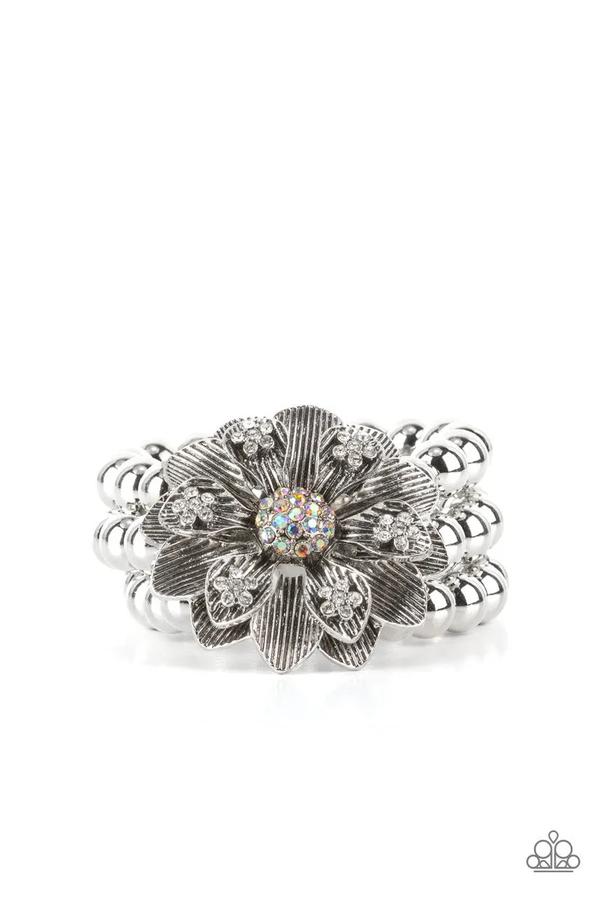 Botanical Bravado - Multi - Iridescent Rhinestone Center Oversized Flower Paparazzi Stretchy Bracelet - January 2022 Life of the Party Exclusive