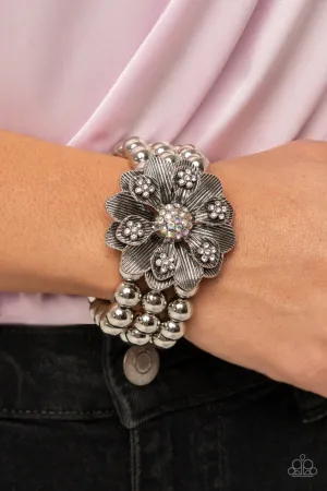 Botanical Bravado - Multi - Iridescent Rhinestone Center Oversized Flower Paparazzi Stretchy Bracelet - January 2022 Life of the Party Exclusive