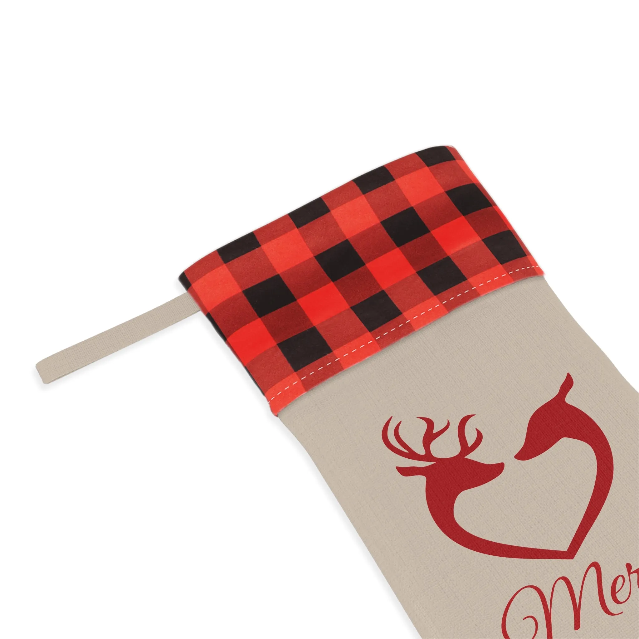 Burlap and Plaid Red Reindeer Heart Merry Christmas Stocking