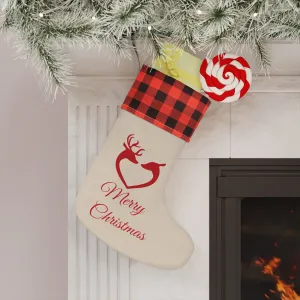 Burlap and Plaid Red Reindeer Heart Merry Christmas Stocking
