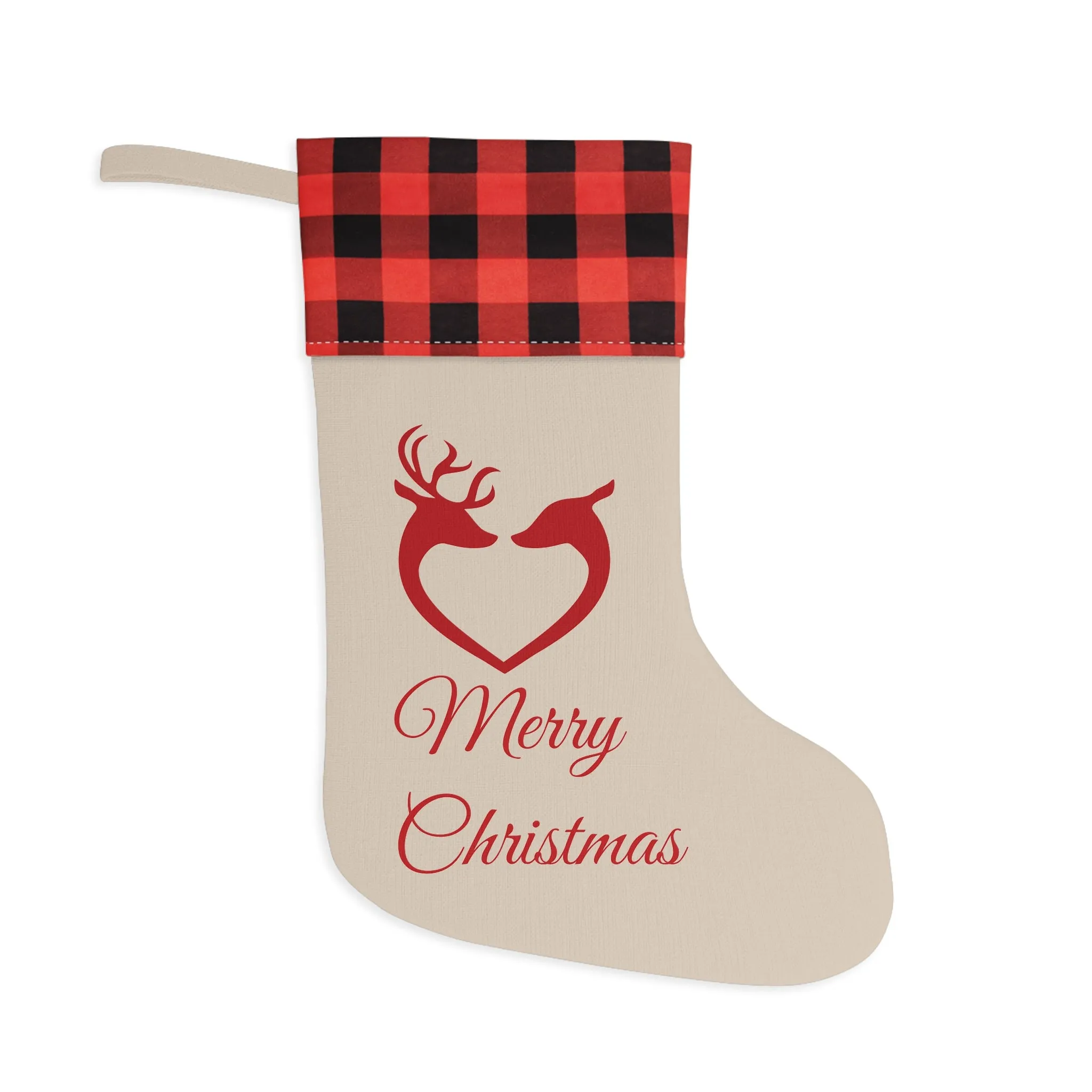Burlap and Plaid Red Reindeer Heart Merry Christmas Stocking