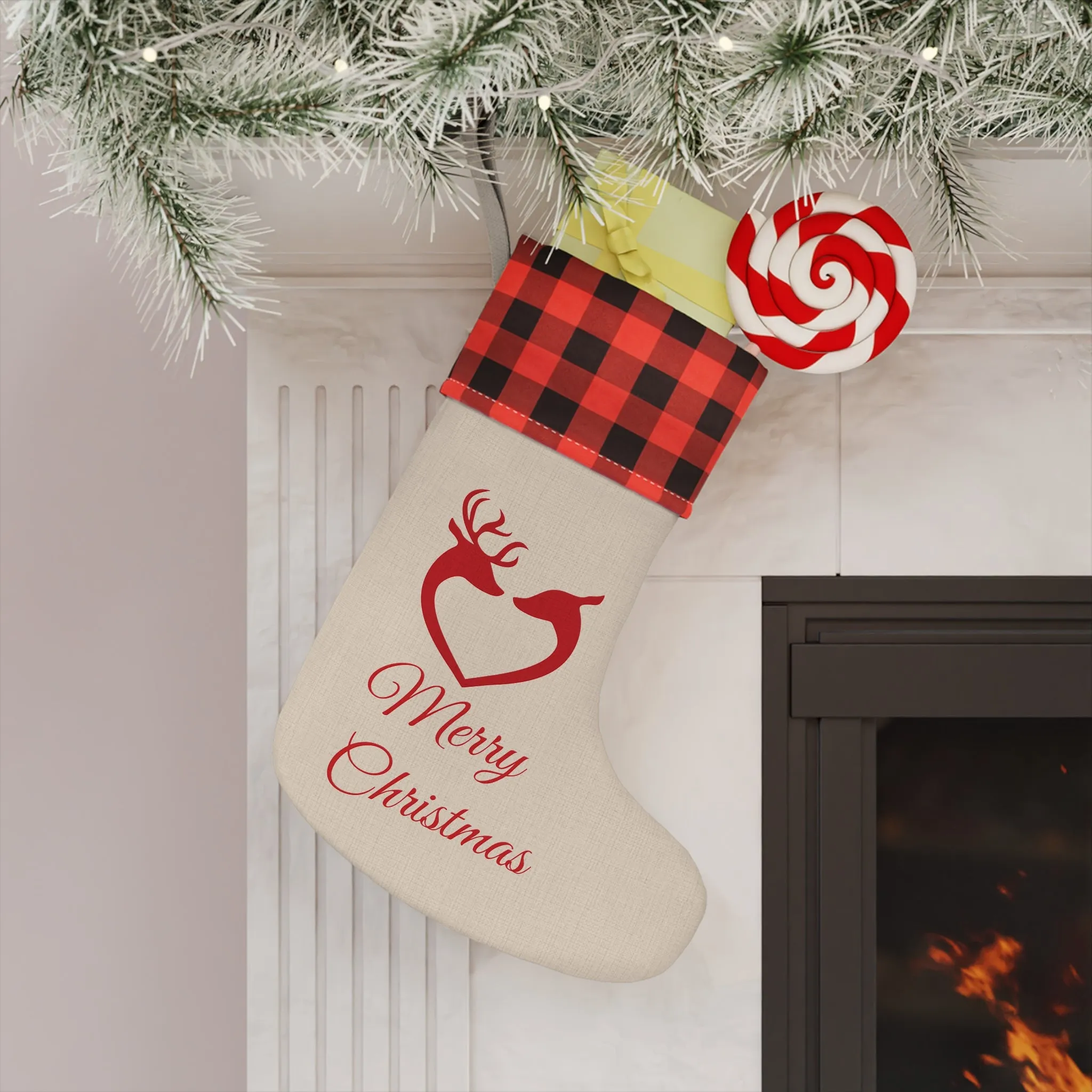 Burlap and Plaid Red Reindeer Heart Merry Christmas Stocking