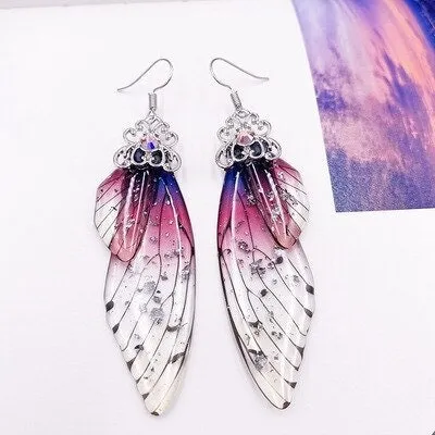 Butterfly Wing Earrings S925 Silver Post, Multi Color Clear Wing Earrings, Boho Dangle Earrings