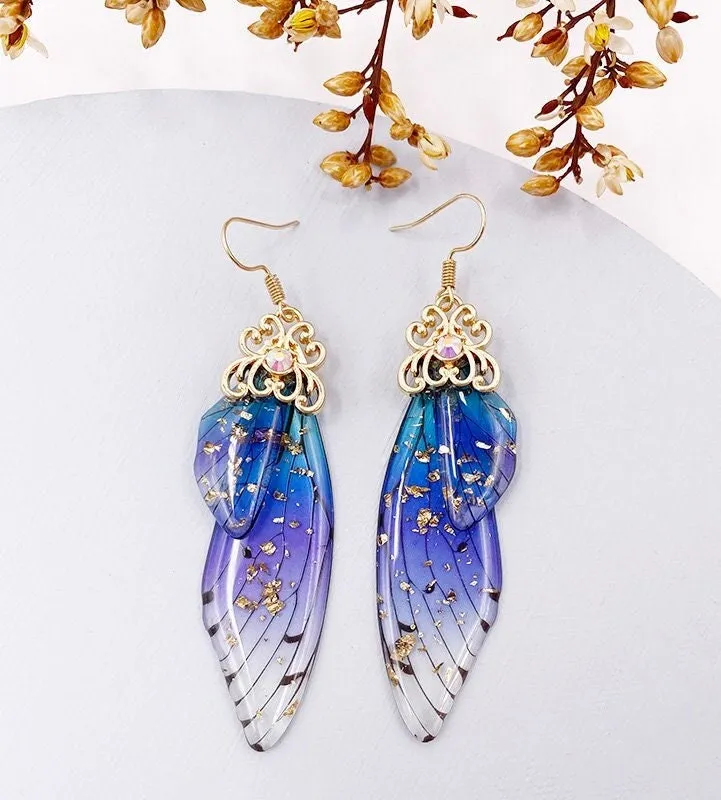 Butterfly Wing Earrings S925 Silver Post, Multi Color Clear Wing Earrings, Boho Dangle Earrings