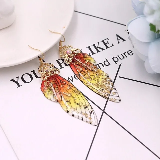Butterfly Wing Earrings S925 Silver Post, Multi Color Clear Wing Earrings, Boho Dangle Earrings