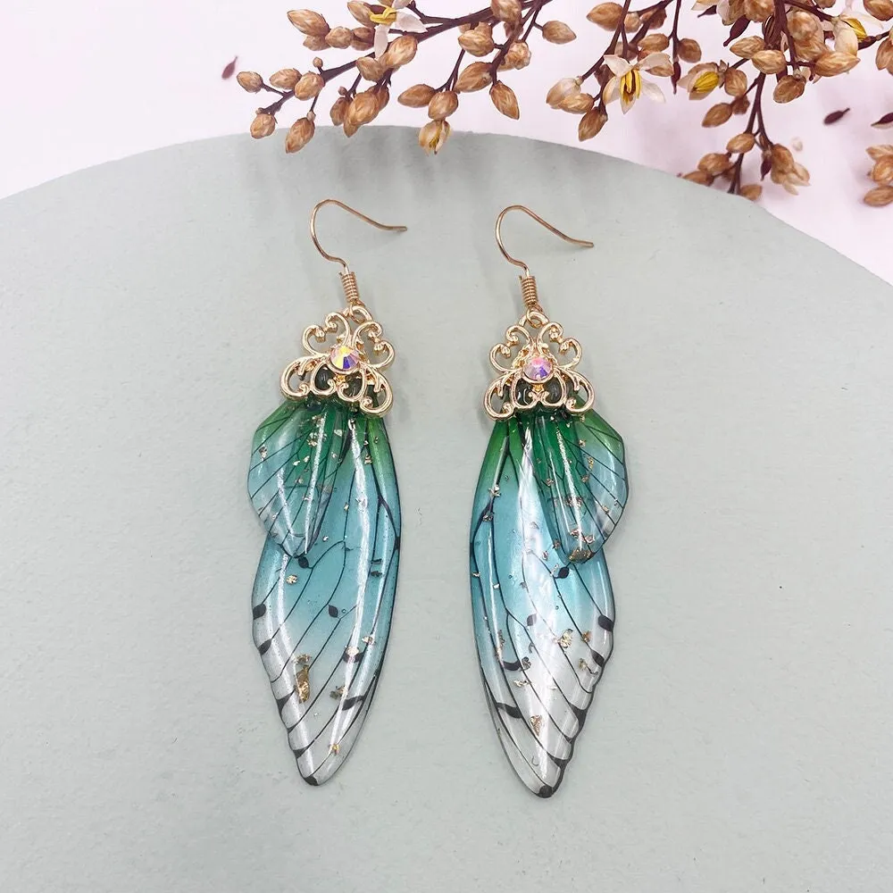 Butterfly Wing Earrings S925 Silver Post, Multi Color Clear Wing Earrings, Boho Dangle Earrings