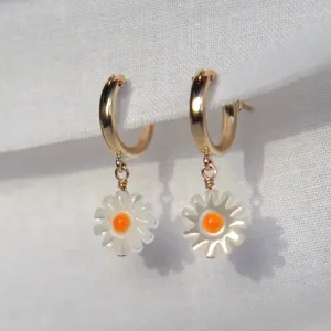 Chamomile Flower Mother of Pearl Huggie Hoop Earrings