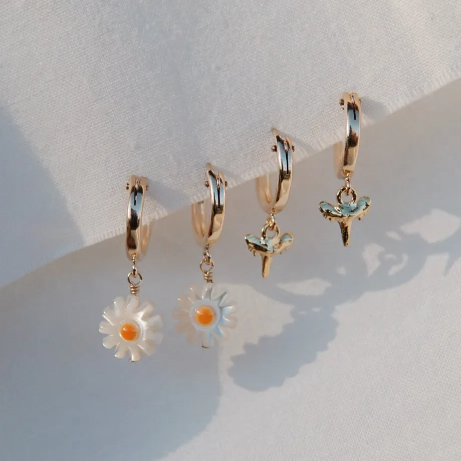 Chamomile Flower Mother of Pearl Huggie Hoop Earrings