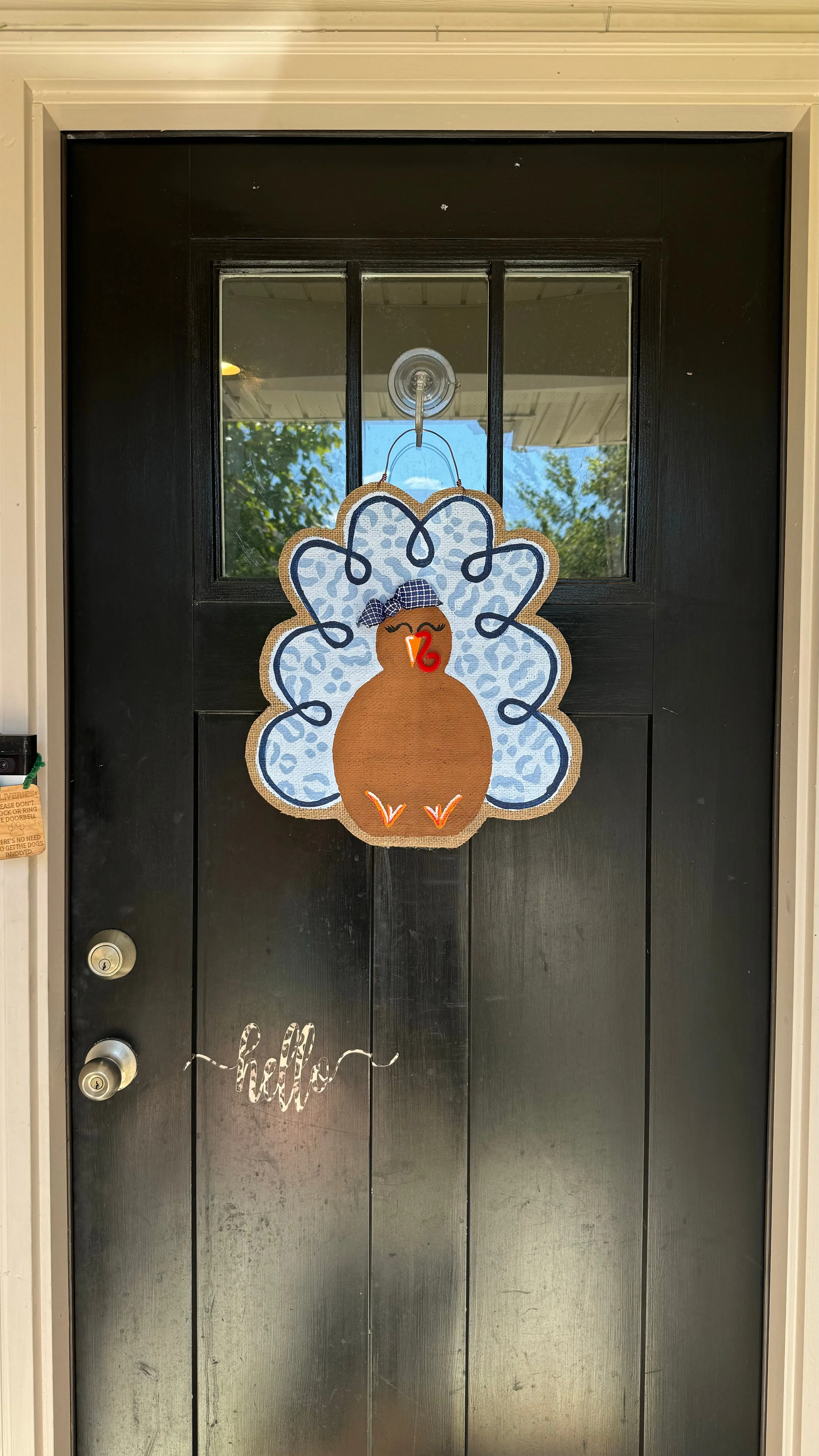 Chinoiserie Thanksgiving Turkey Door Hanger - Blue leopard