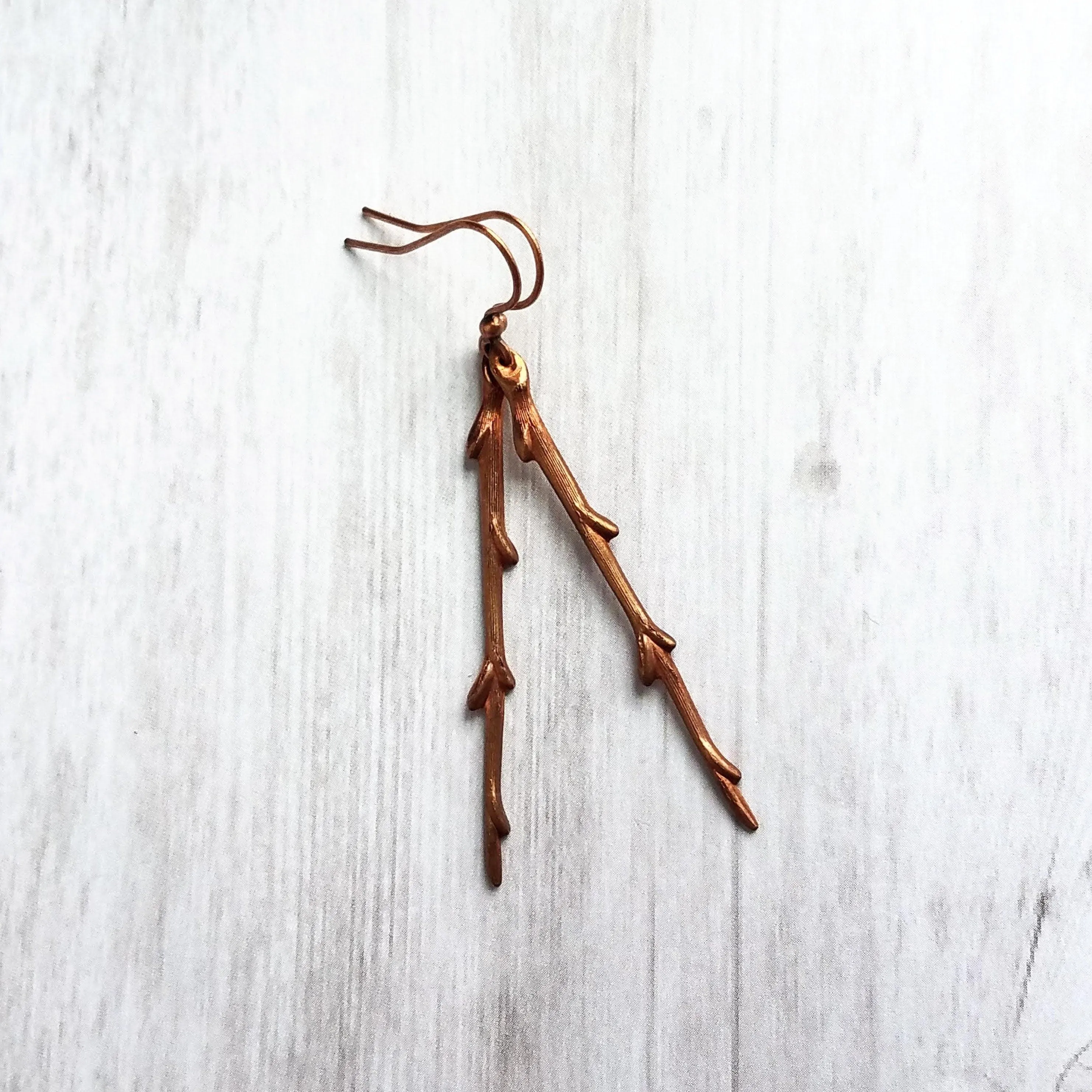 Copper Stick Earrings - long thin straight tree branch charm dangles on antique/oxidized finish hooks, handmade fall nature jewelry gift