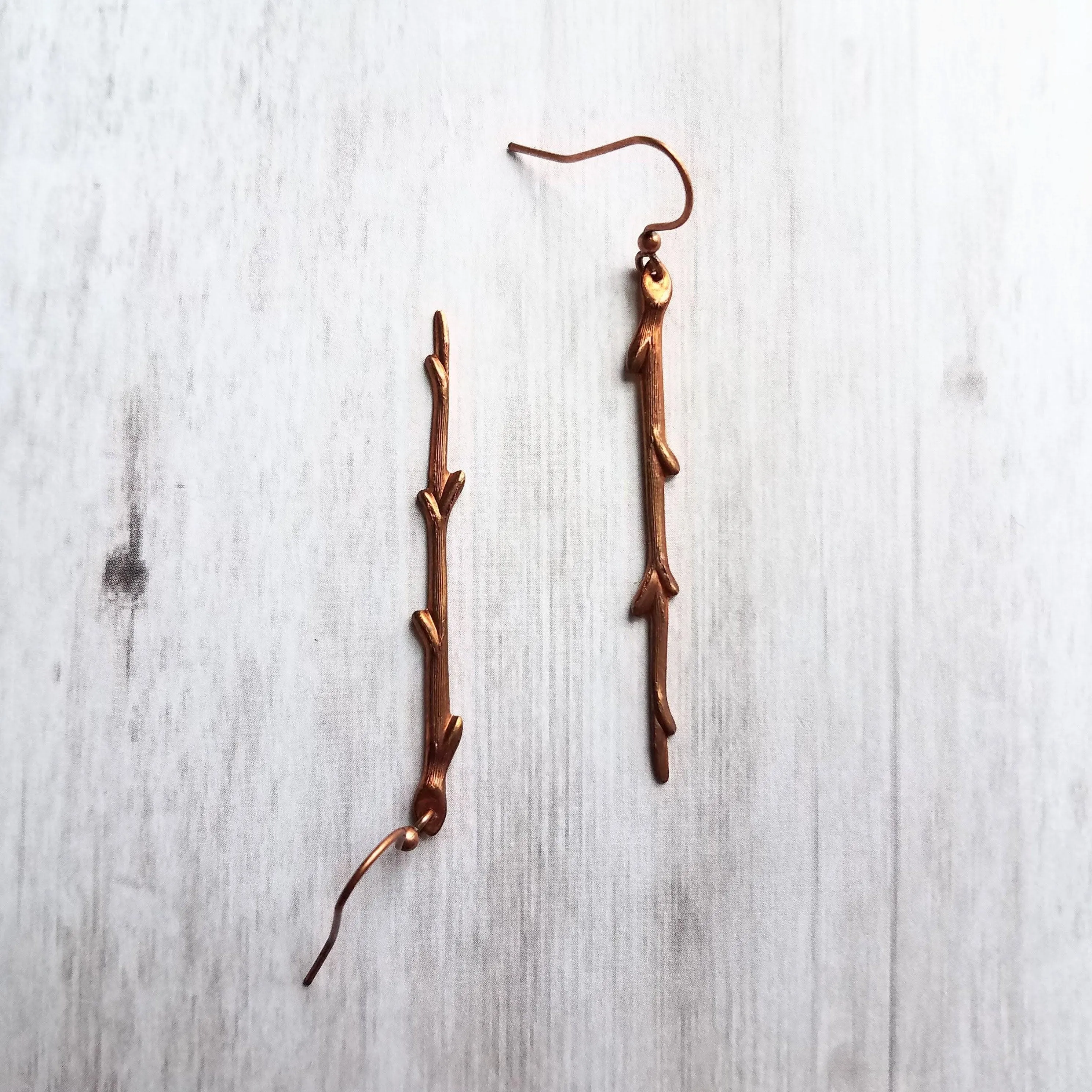 Copper Stick Earrings - long thin straight tree branch charm dangles on antique/oxidized finish hooks, handmade fall nature jewelry gift
