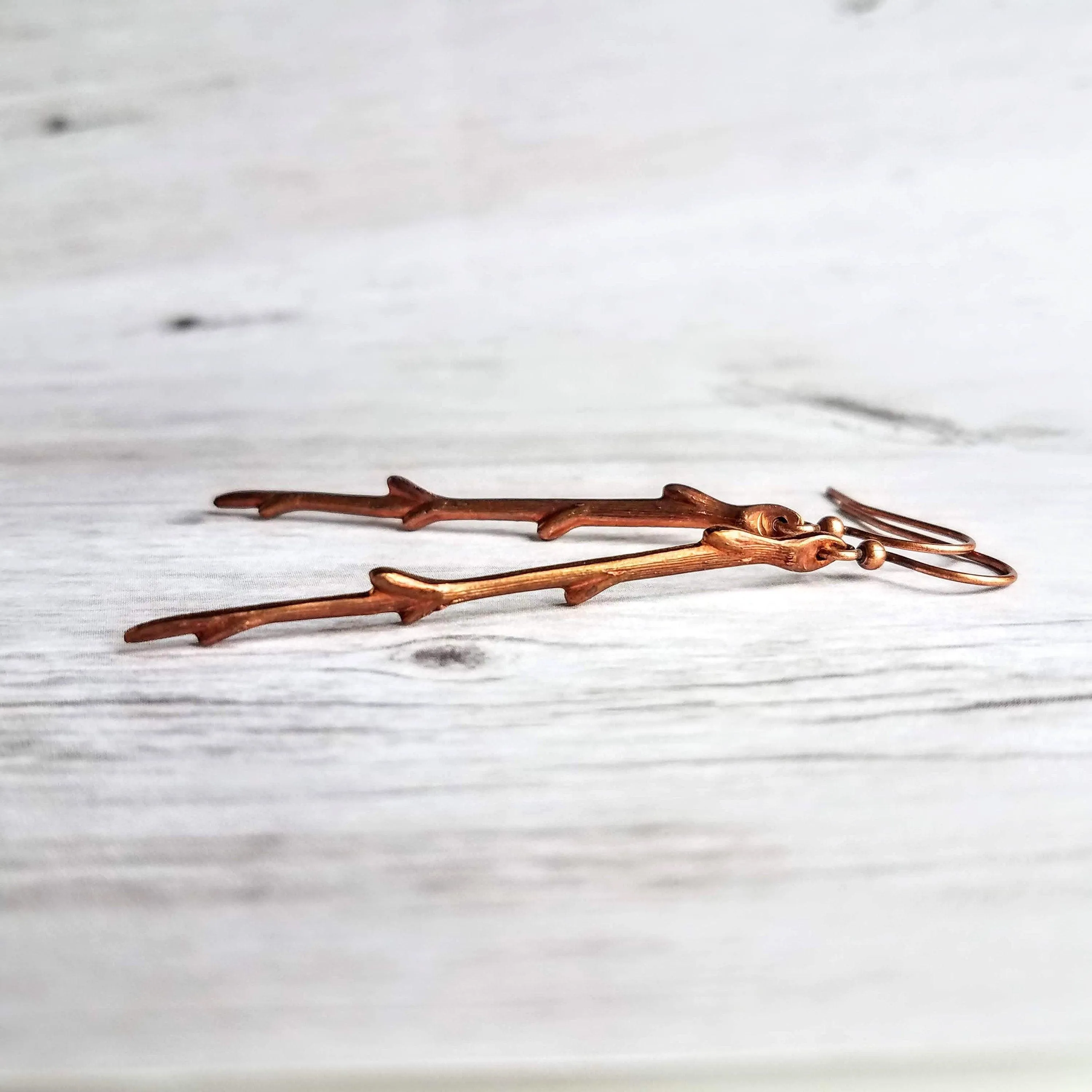 Copper Stick Earrings - long thin straight tree branch charm dangles on antique/oxidized finish hooks, handmade fall nature jewelry gift