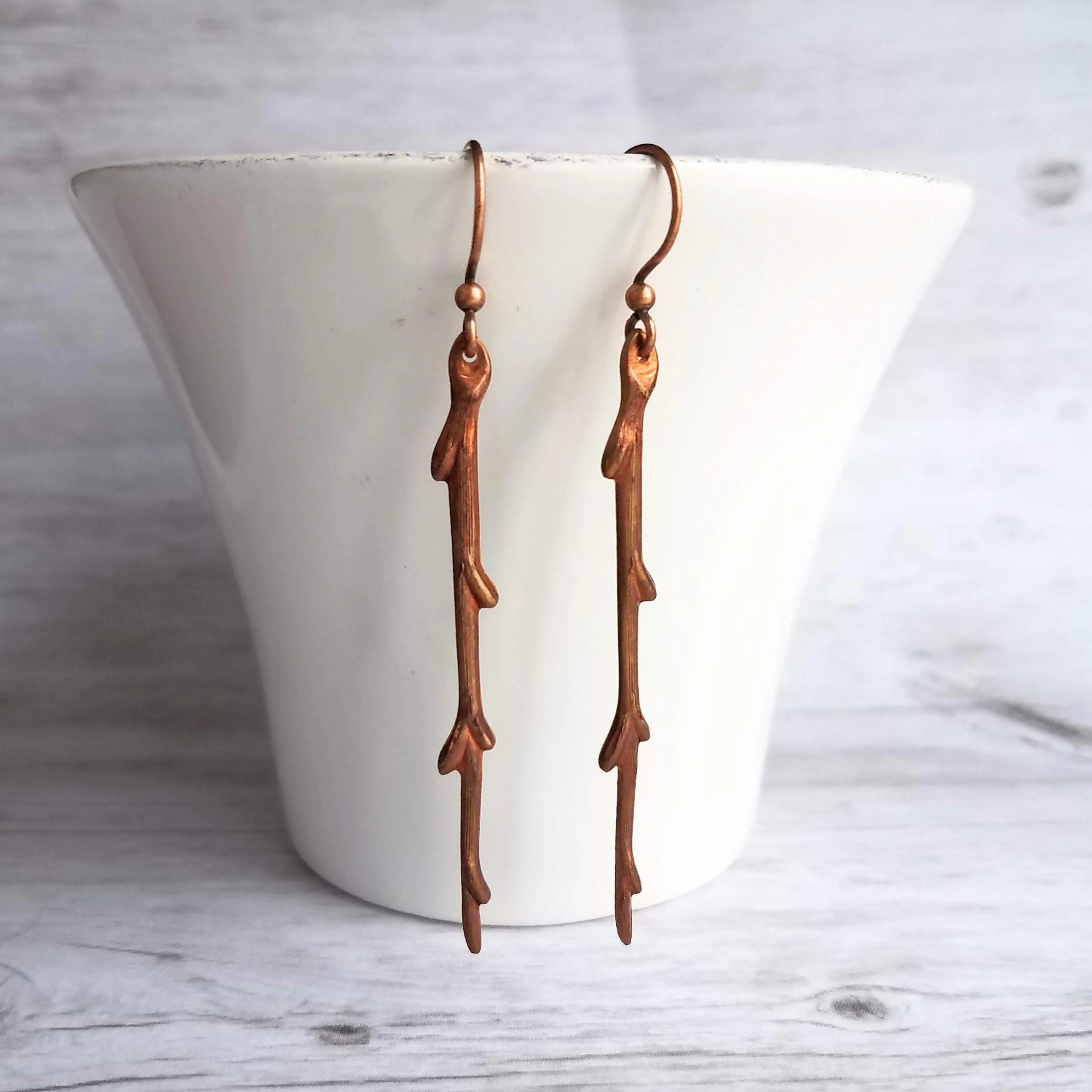 Copper Stick Earrings - long thin straight tree branch charm dangles on antique/oxidized finish hooks, handmade fall nature jewelry gift