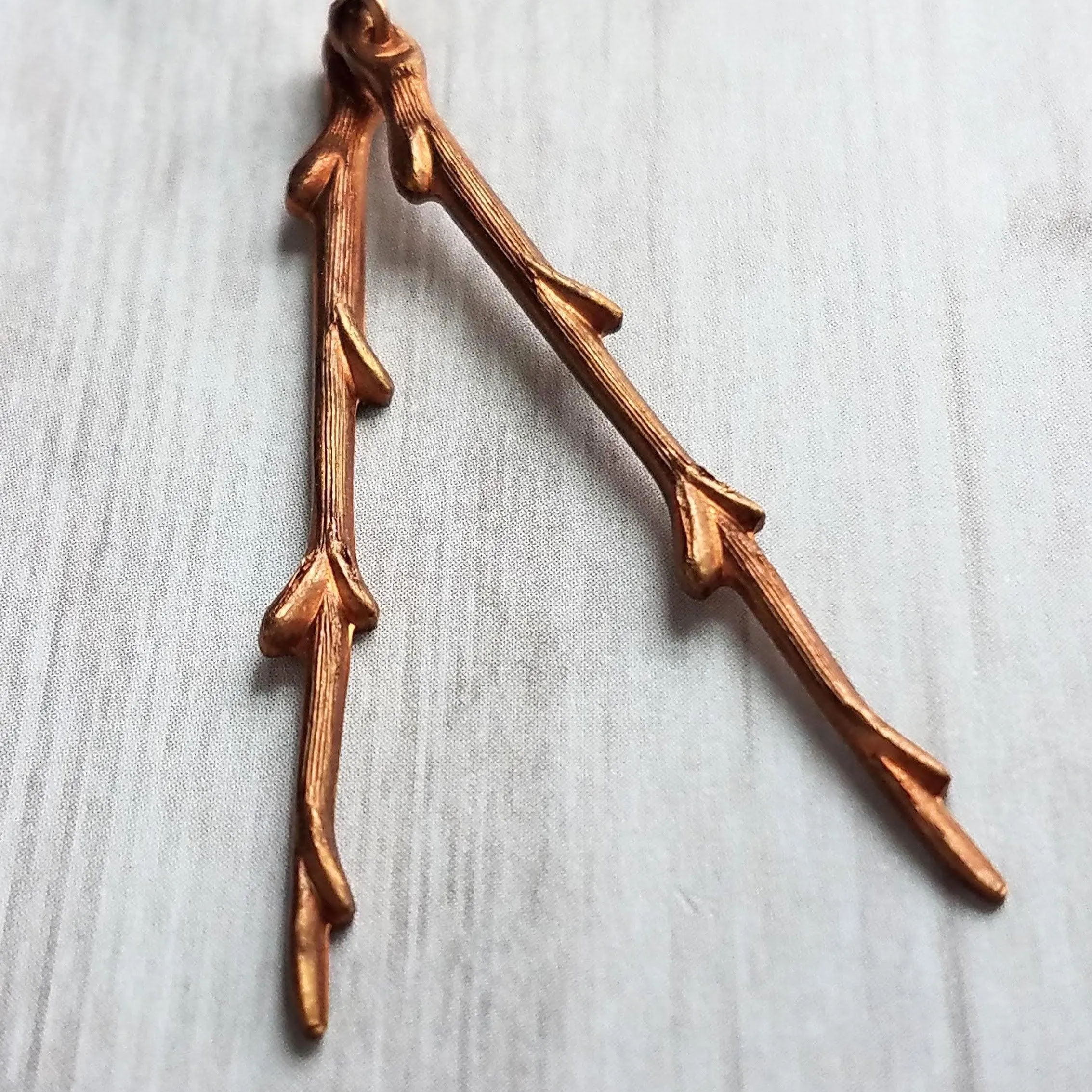 Copper Stick Earrings - long thin straight tree branch charm dangles on antique/oxidized finish hooks, handmade fall nature jewelry gift