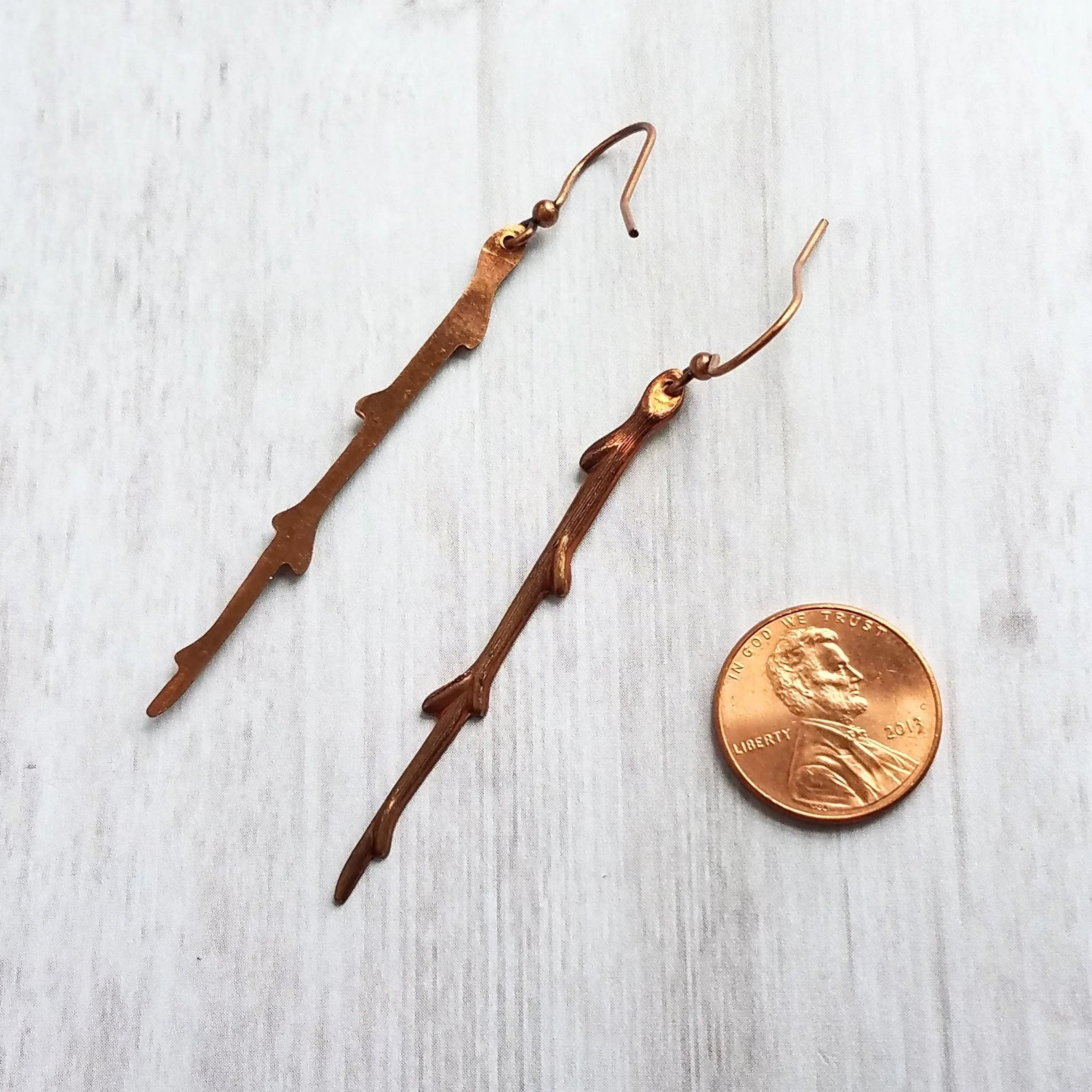 Copper Stick Earrings - long thin straight tree branch charm dangles on antique/oxidized finish hooks, handmade fall nature jewelry gift
