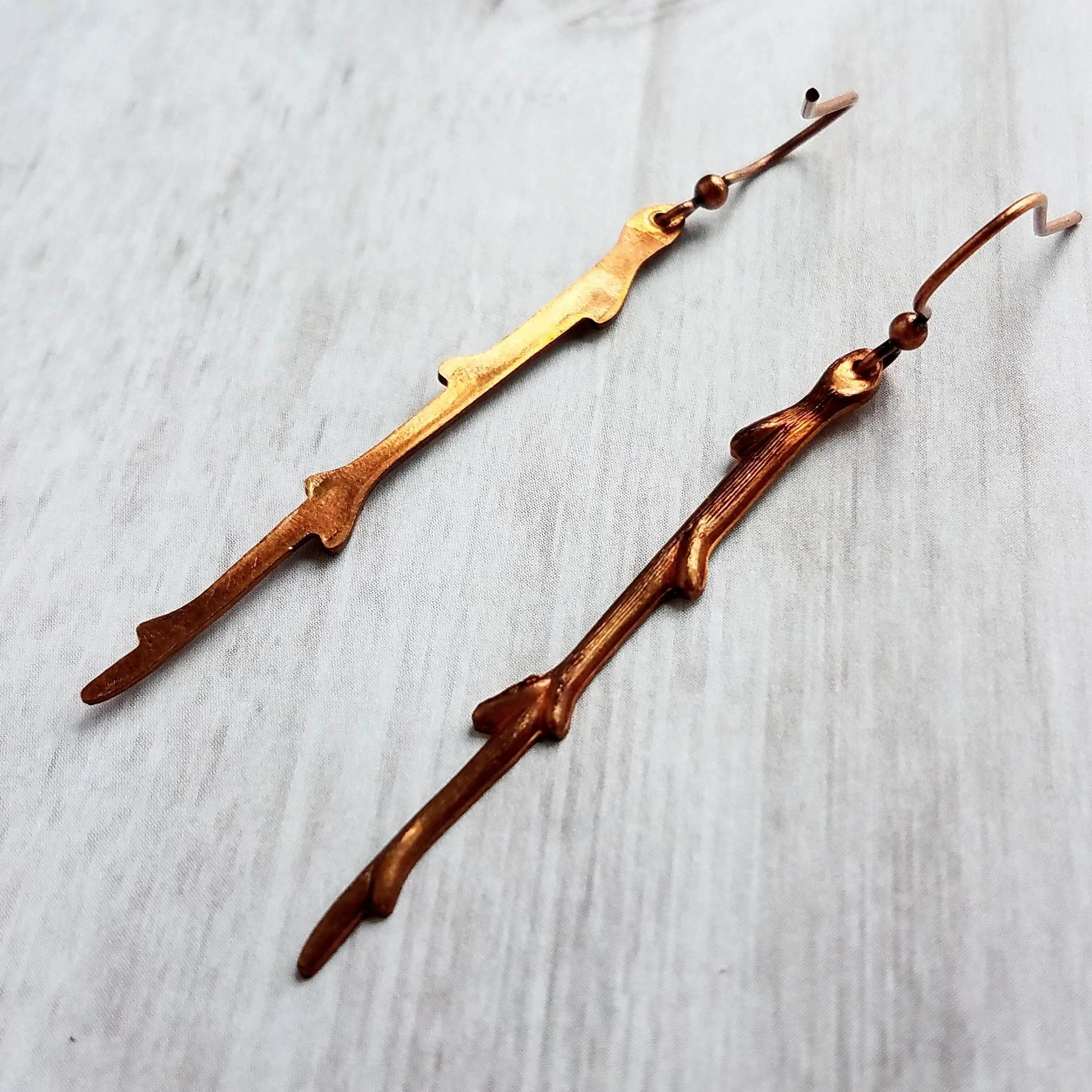 Copper Stick Earrings - long thin straight tree branch charm dangles on antique/oxidized finish hooks, handmade fall nature jewelry gift