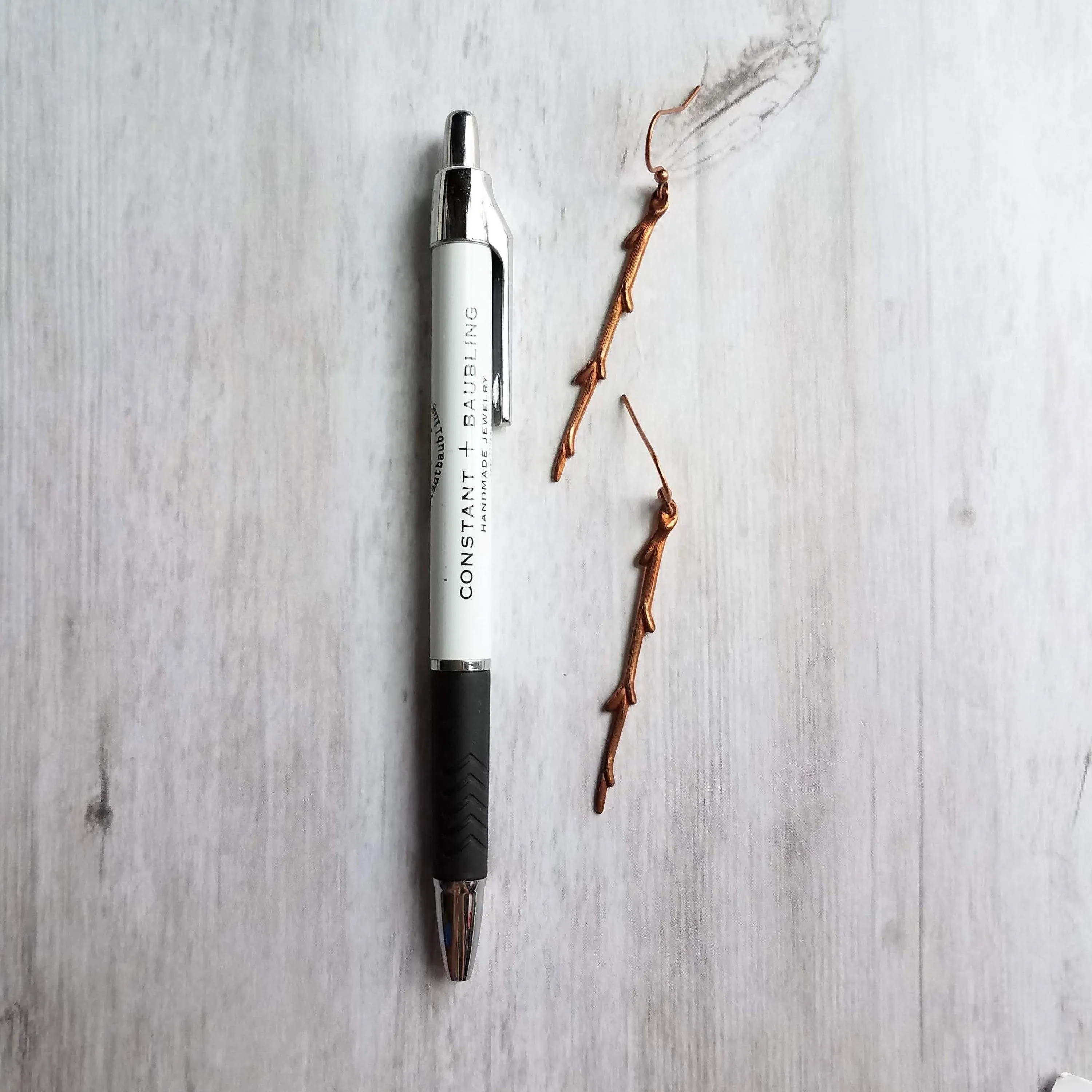 Copper Stick Earrings - long thin straight tree branch charm dangles on antique/oxidized finish hooks, handmade fall nature jewelry gift