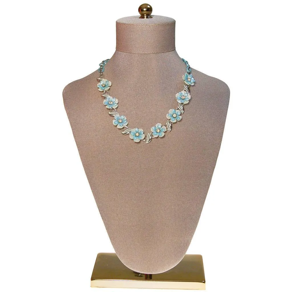 Coro White and Blue Flower with Rhinestones Necklace