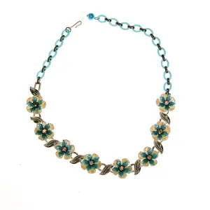 Coro White and Blue Flower with Rhinestones Necklace