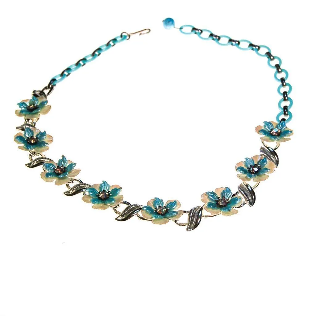 Coro White and Blue Flower with Rhinestones Necklace