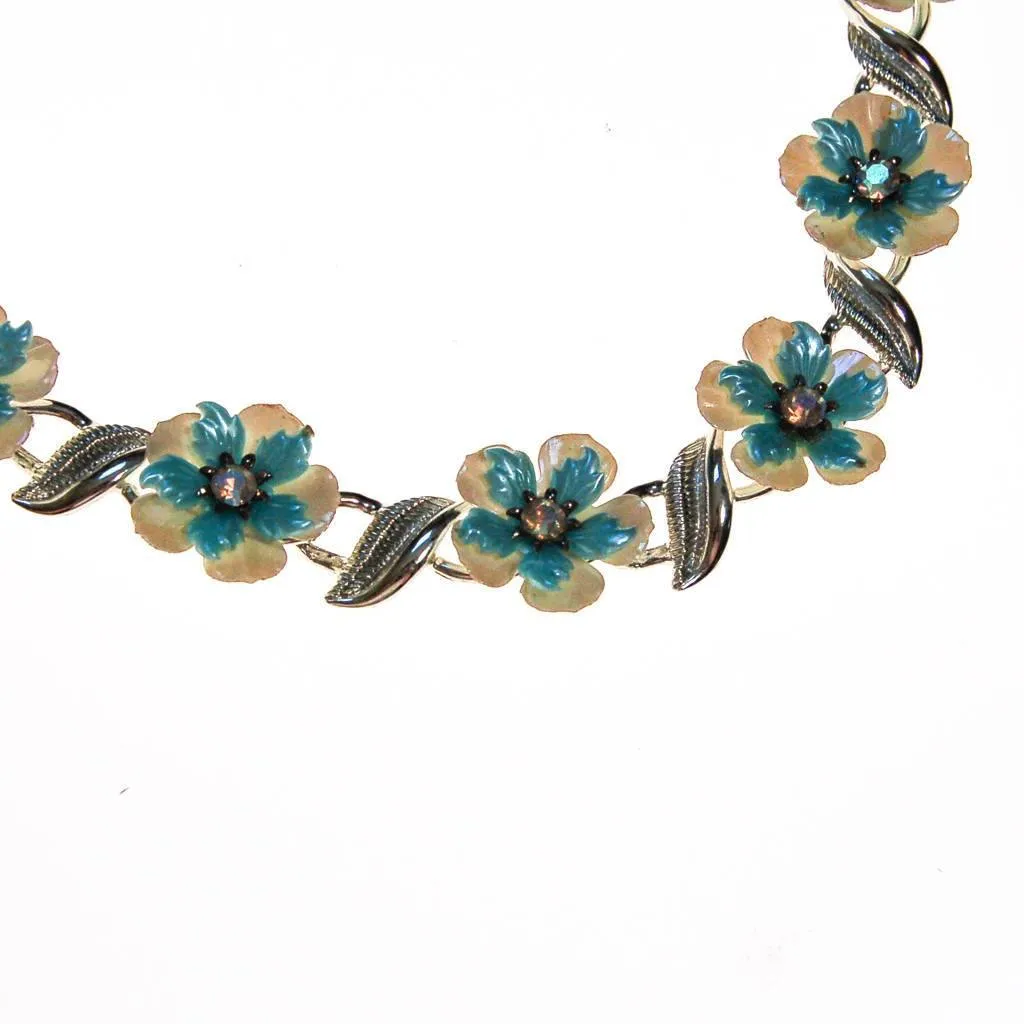 Coro White and Blue Flower with Rhinestones Necklace