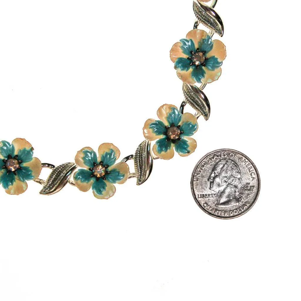 Coro White and Blue Flower with Rhinestones Necklace