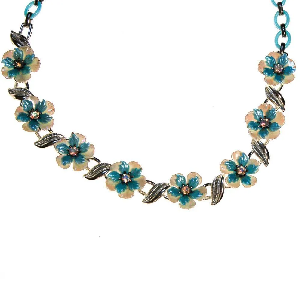 Coro White and Blue Flower with Rhinestones Necklace