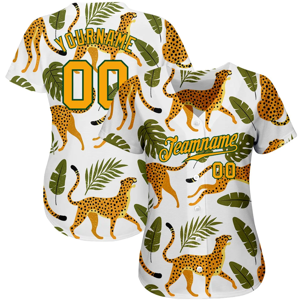 Custom White Gold-Green 3D Pattern Design Leopards And Tropical Palm Leaves Authentic Baseball Jersey