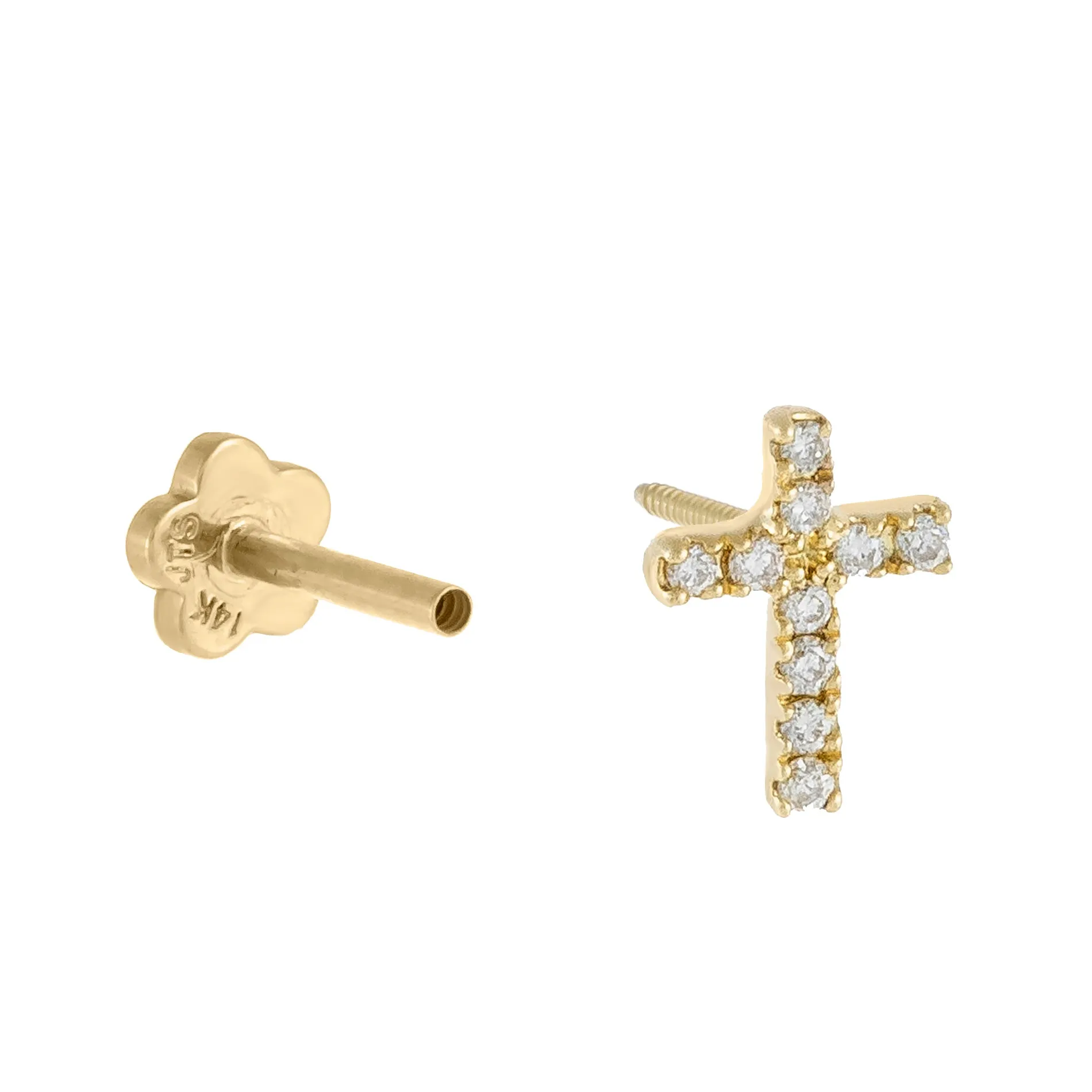 CZ Dainty Cross Threaded Stud Earring 14K