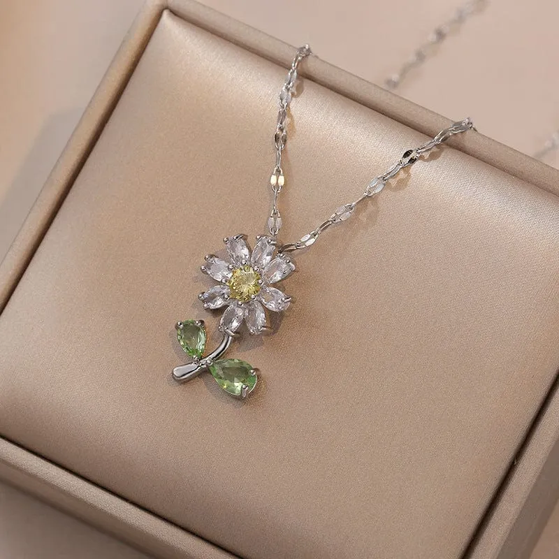 Dainty Crystal Daisy Flower Necklace Earrings Set