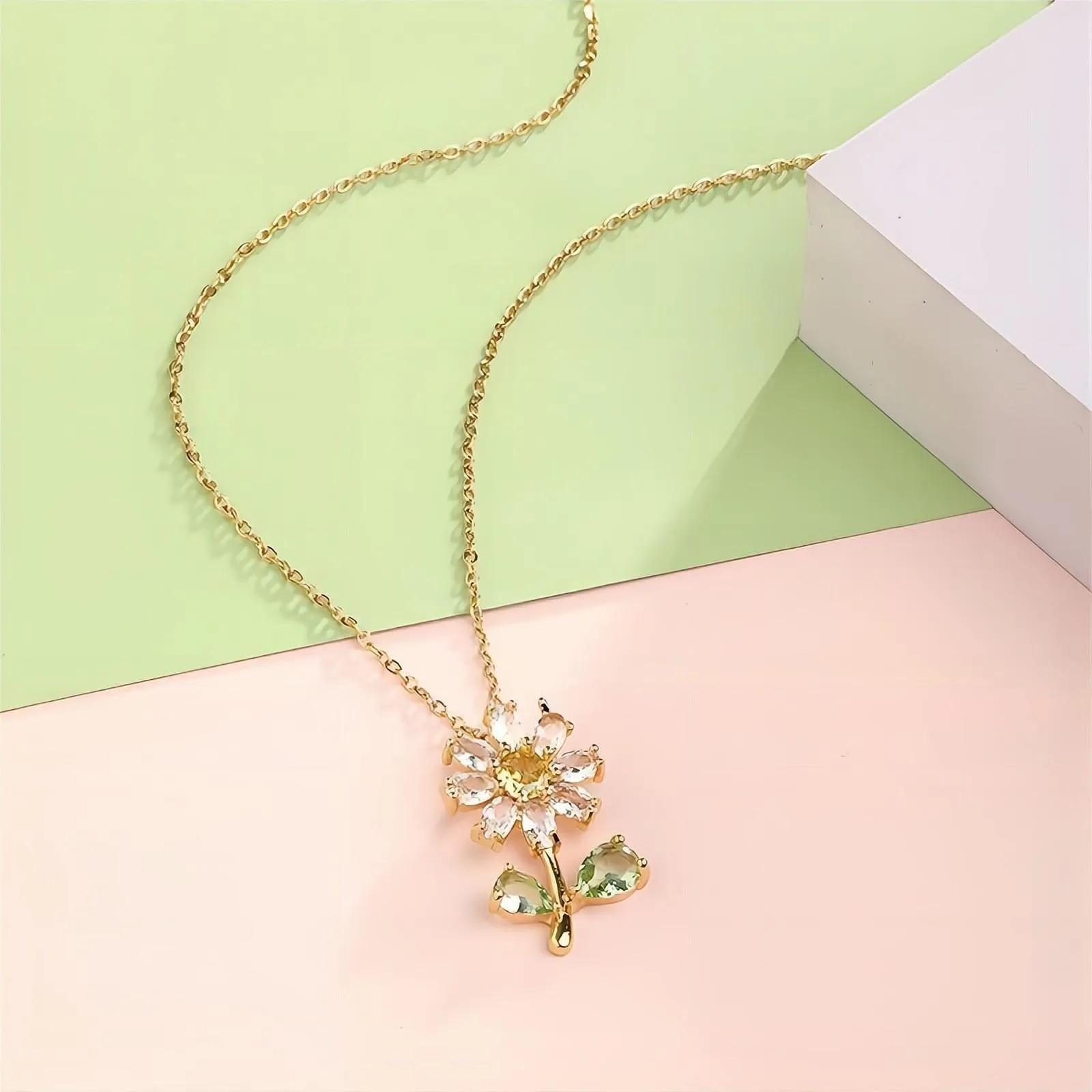 Dainty Crystal Daisy Flower Necklace Earrings Set