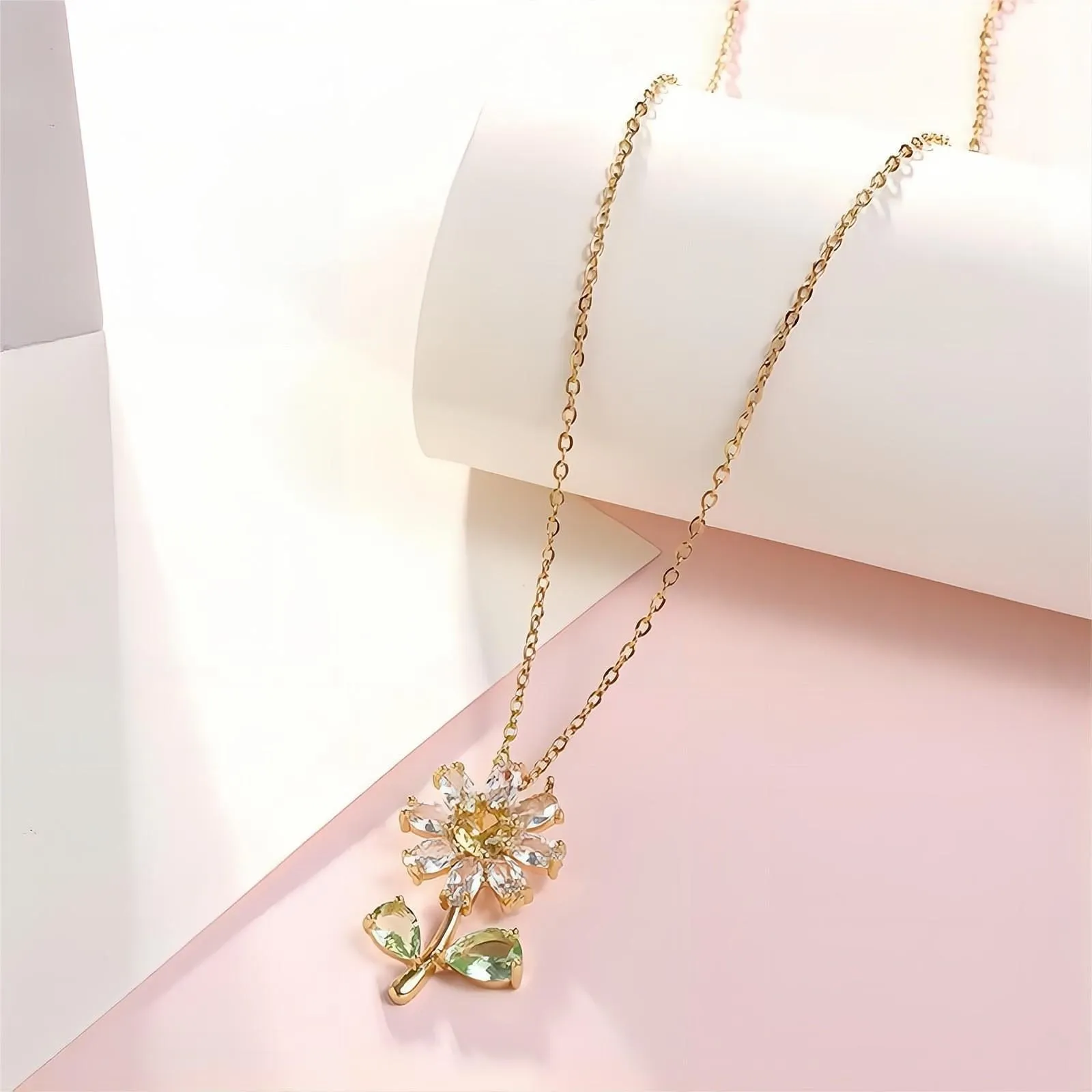 Dainty Crystal Daisy Flower Necklace Earrings Set