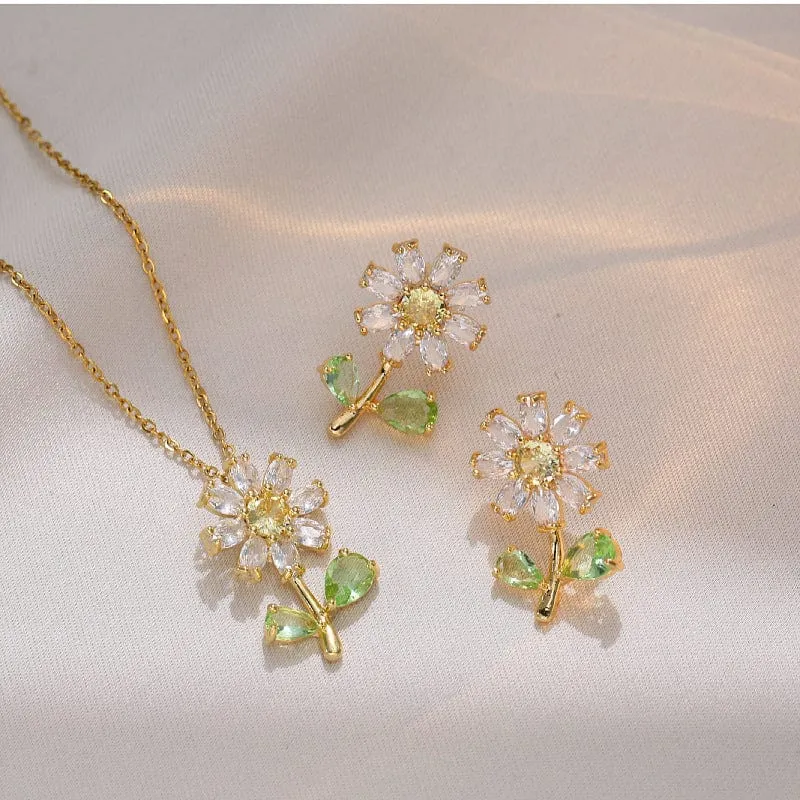 Dainty Crystal Daisy Flower Necklace Earrings Set