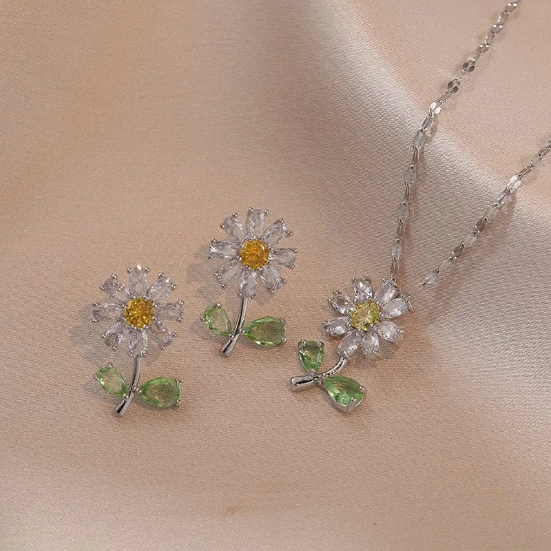 Dainty Crystal Daisy Flower Necklace Earrings Set