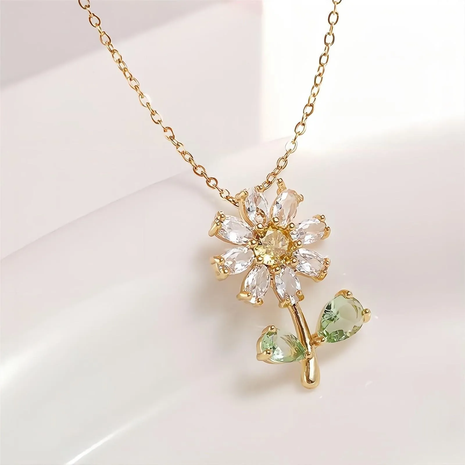 Dainty Crystal Daisy Flower Necklace Earrings Set