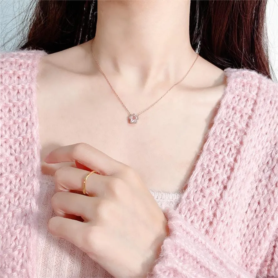 Dainty CZ Inlaid Pink Cherry Blossom Necklace