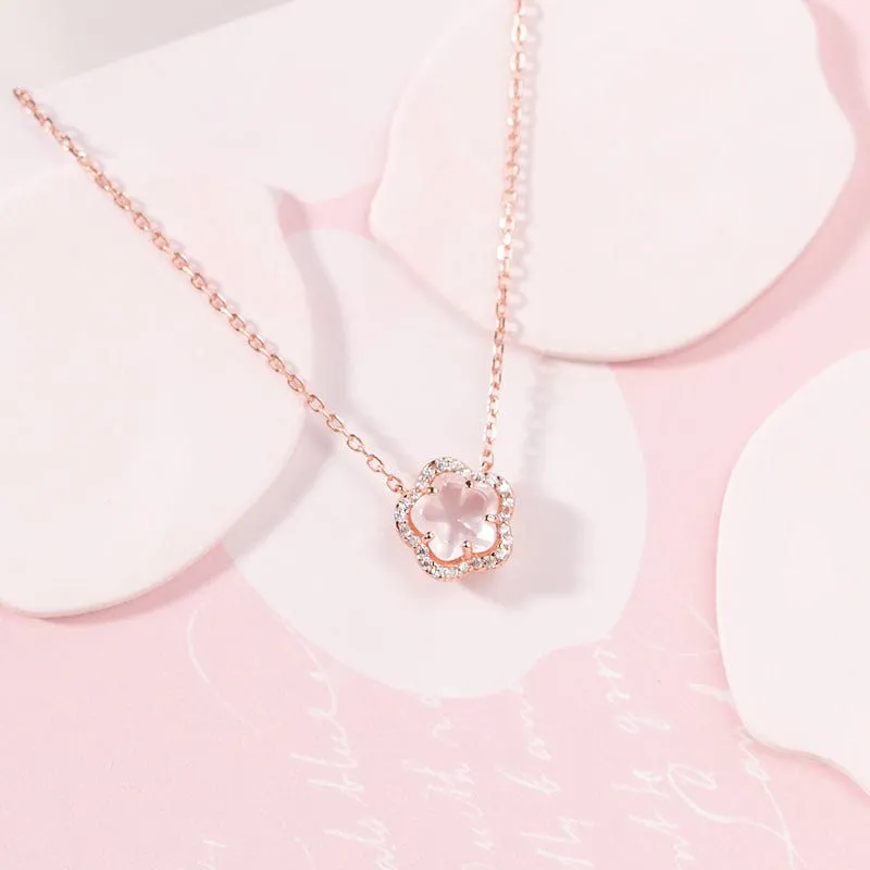 Dainty CZ Inlaid Pink Cherry Blossom Necklace