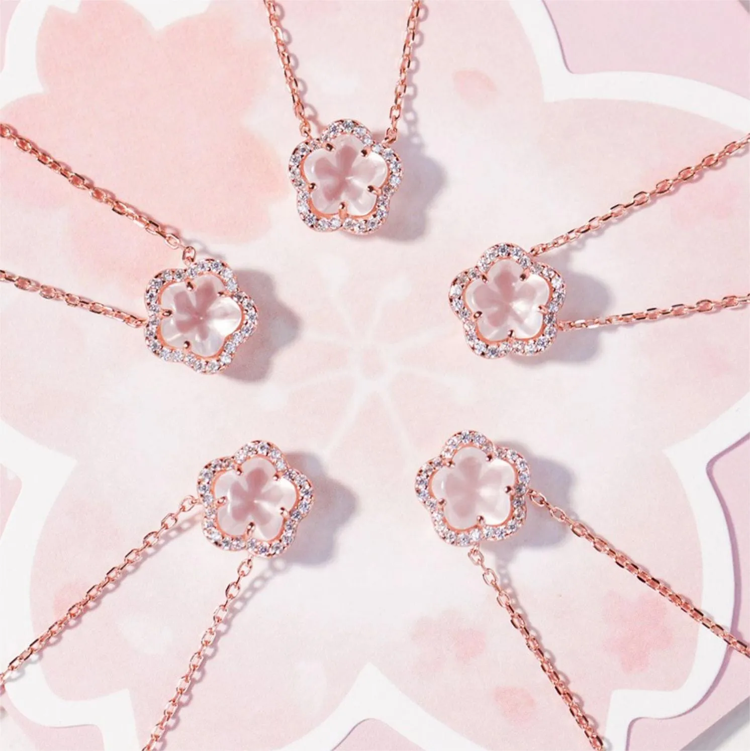 Dainty CZ Inlaid Pink Cherry Blossom Necklace