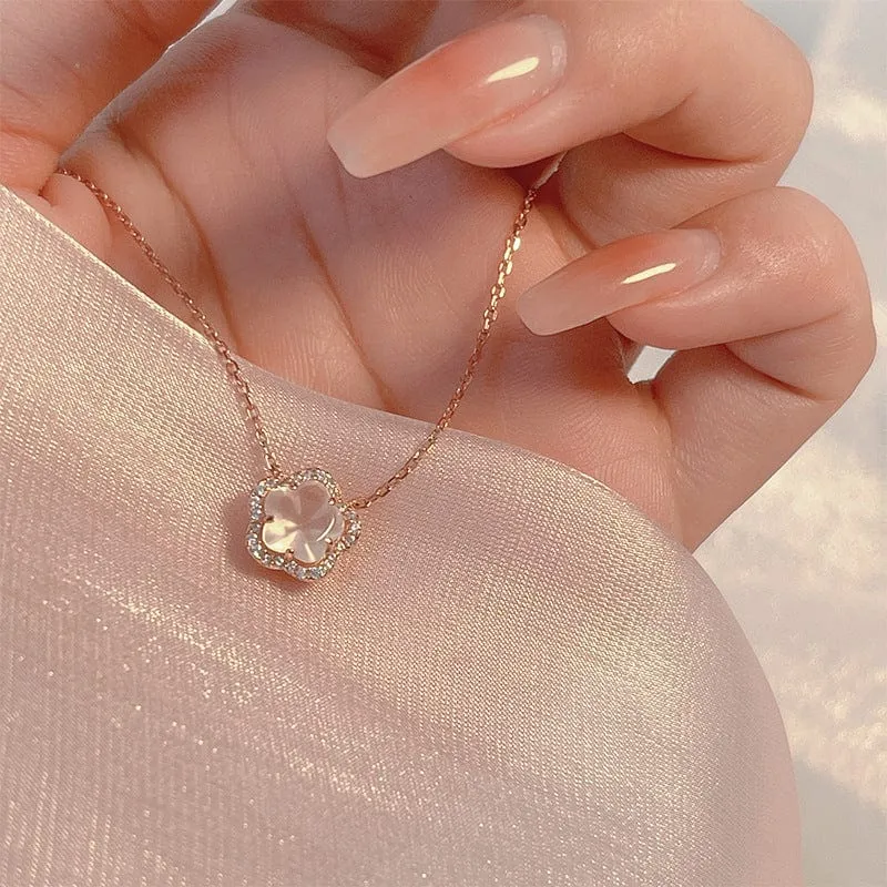 Dainty CZ Inlaid Pink Cherry Blossom Necklace