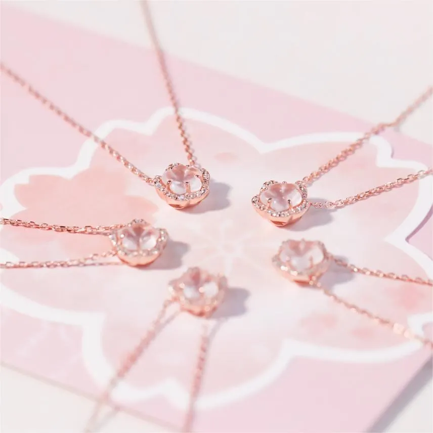 Dainty CZ Inlaid Pink Cherry Blossom Necklace