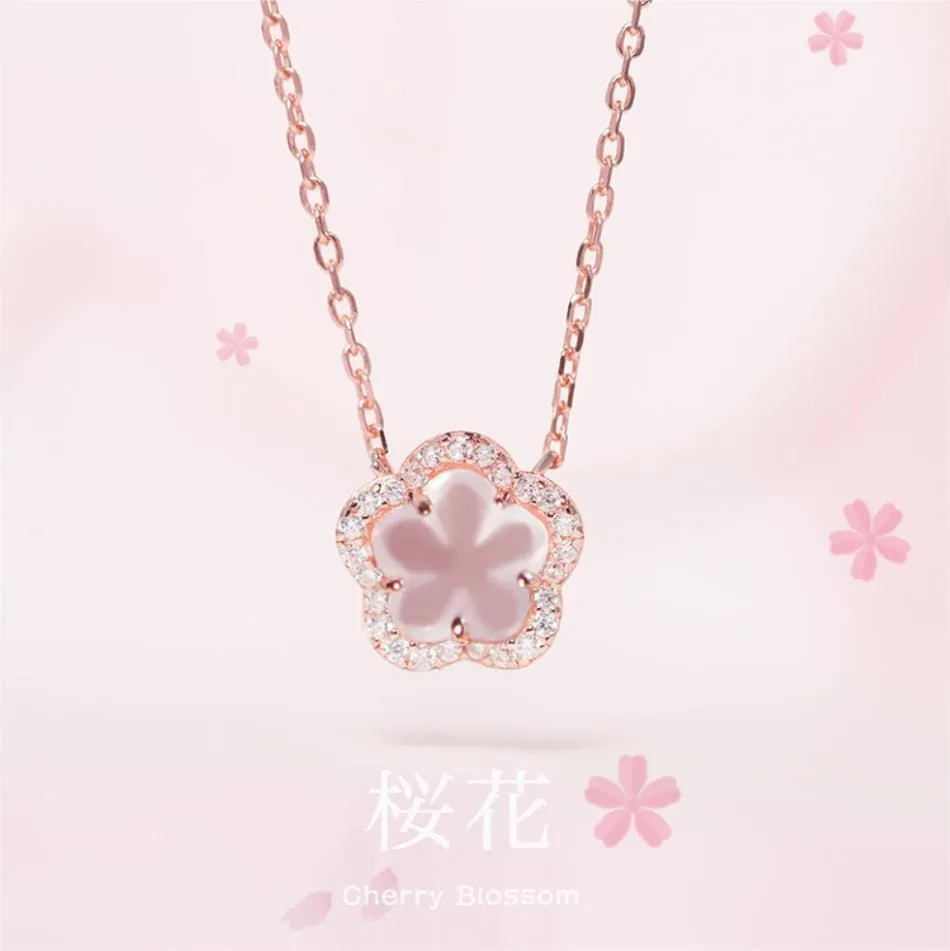 Dainty CZ Inlaid Pink Cherry Blossom Necklace