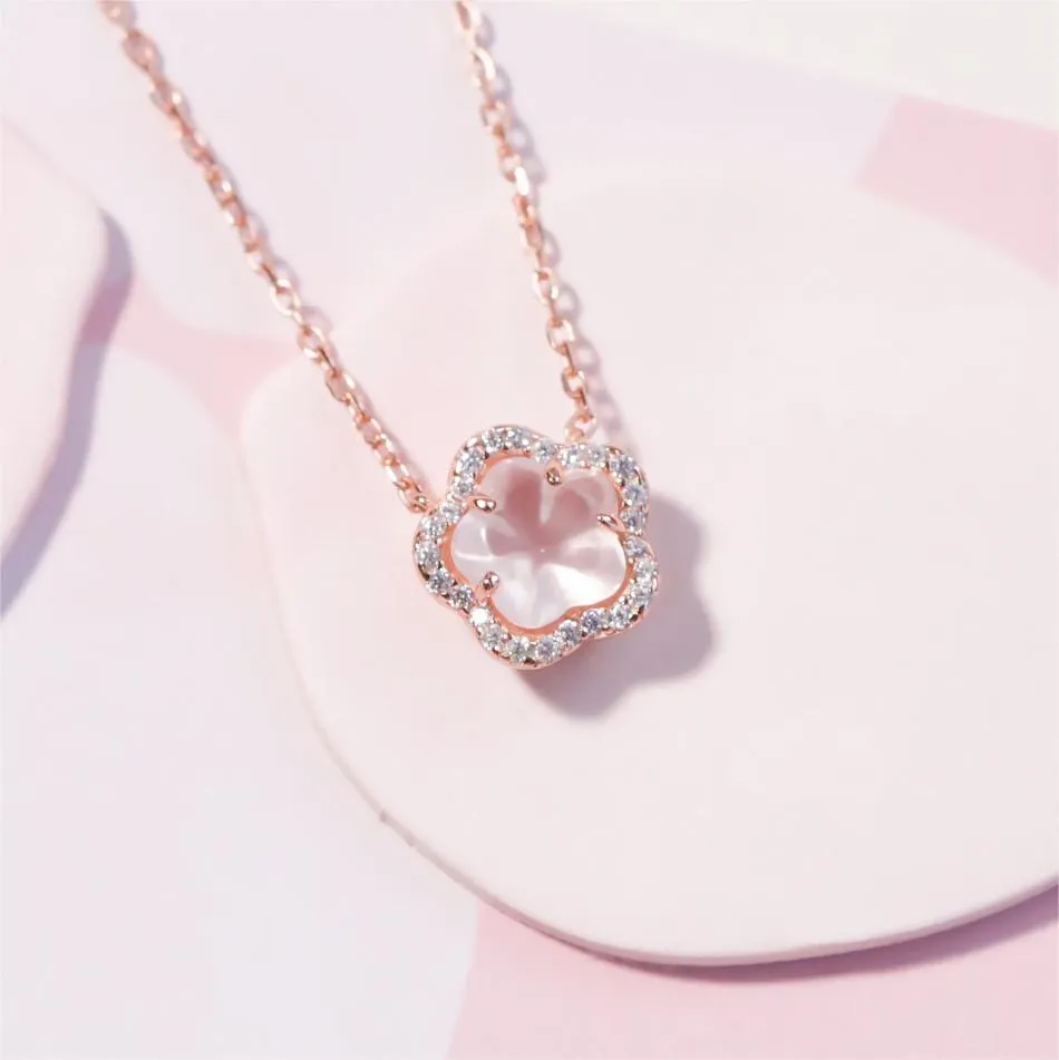 Dainty CZ Inlaid Pink Cherry Blossom Necklace